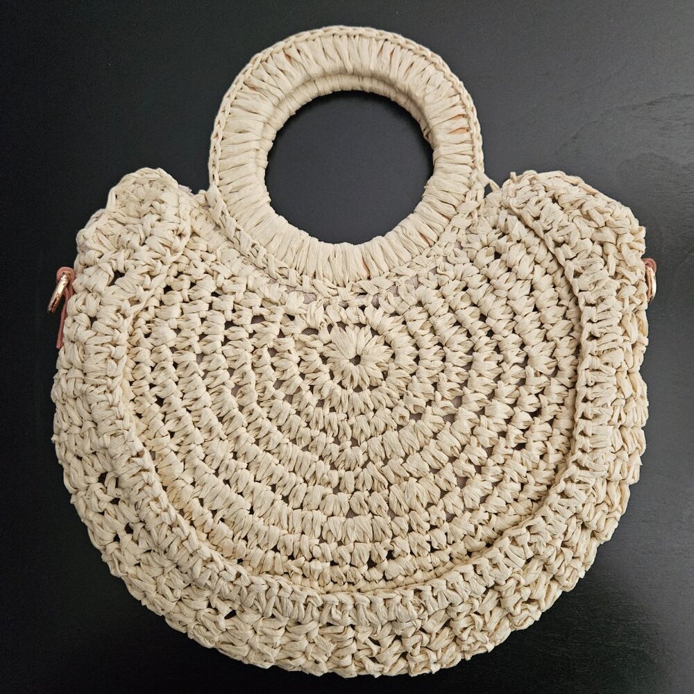 Lauren Conrad Round Straw Off-White Convertable Crossbody Double Handle Bag
